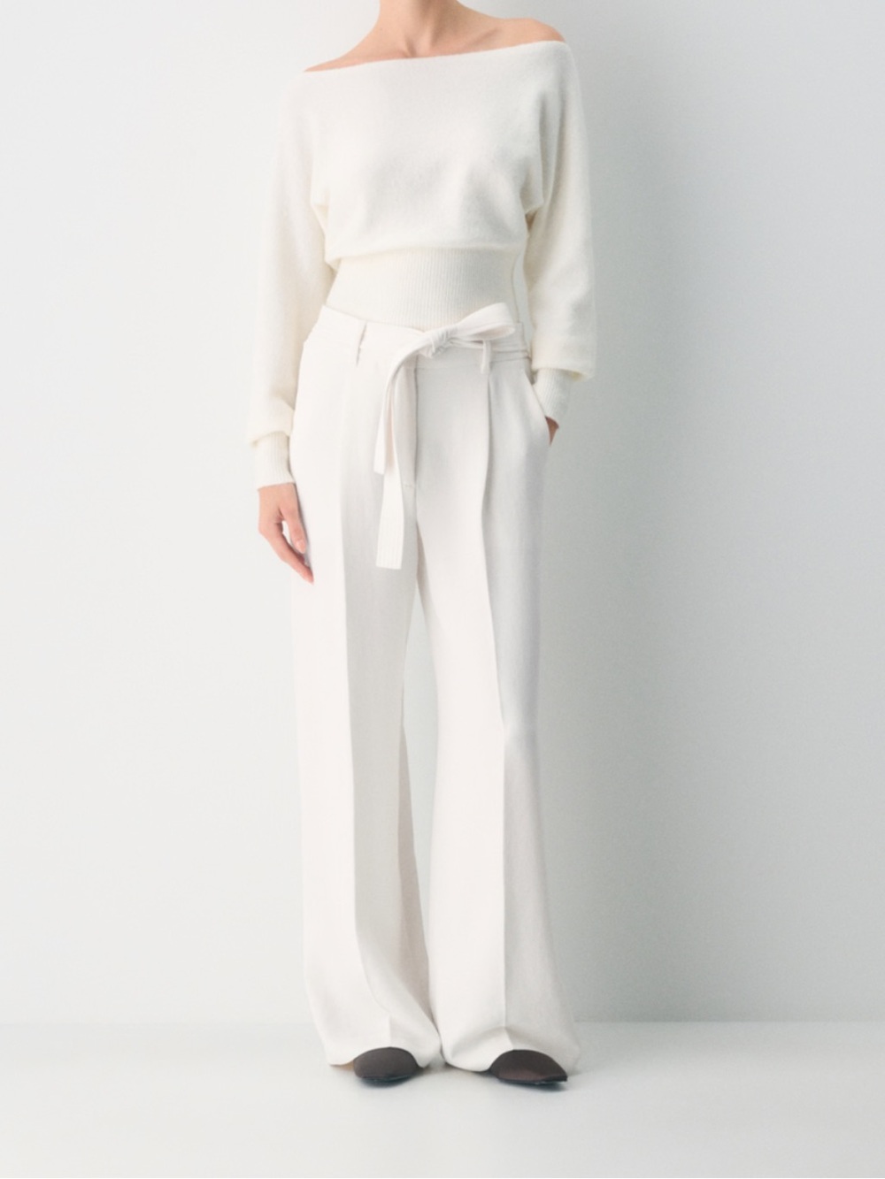 Wilfred Shimmy Cream High-Waist Wide-Leg Pants with Tie Belt